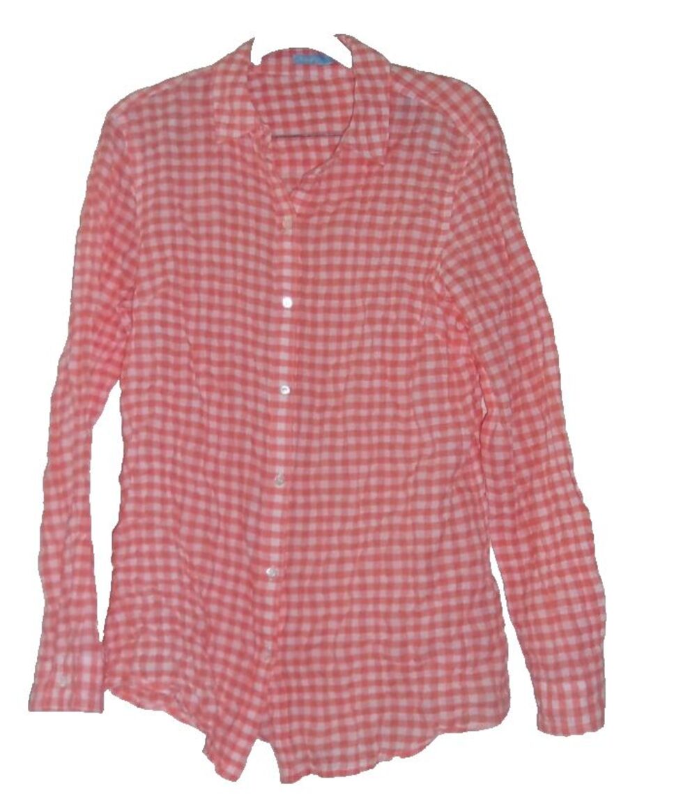 J. McLaughlin Orange White Checked  Shirt Sz. S M Cotton Stretch Button Down